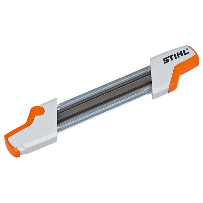 Filhållare för kedjesåg, Stihl, med vita och orange detaljer. Långt, smalt design, används till att hålla sågkedjan vass och korrekt.