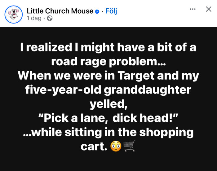 Textbild med humoristiskt meddelande om ett barn som upprepar starkt språk från sin äldre släkting i en butik.