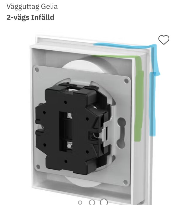 Vägguttag Gelia 2-vägs infälld med yttre påbyggnad markerad i blått och kroppen markerad i grönt, visas från sidan.