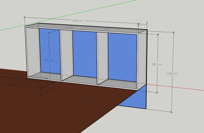 3D-ritning av en hylla i MDF, 2000x890mm, med sektioner och måttangivelser; placering över en nivåskillnad visas.