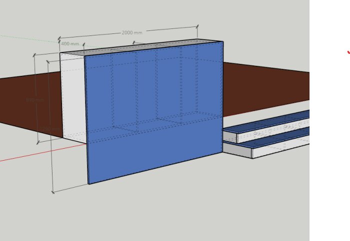 En 3D-rendering som visar en ritning av en hylla av MDF med måtten 2000x430 mm och höjdskillnad, avsedd som rumsavdelare mellan kök och vardagsrum.