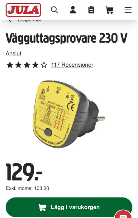 Vägguttagstestare 230 V från Jula med gul etikett och indikatorer för testning av elanslutningar. Pris 129 kr.