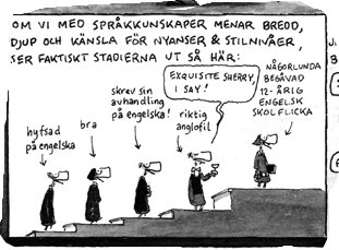 Tecknad serie av Berglin om språkkunskaper, med figurer som illustrerar olika nivåer av engelska färdigheter, från hyfsad till anglofilt.