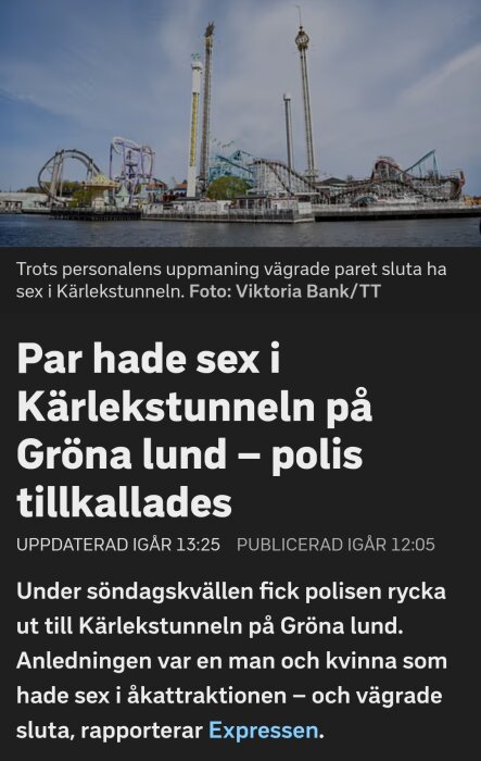 Nöjespark med berg-och-dalbanor och andra attraktioner vid vattnet på en solig dag.