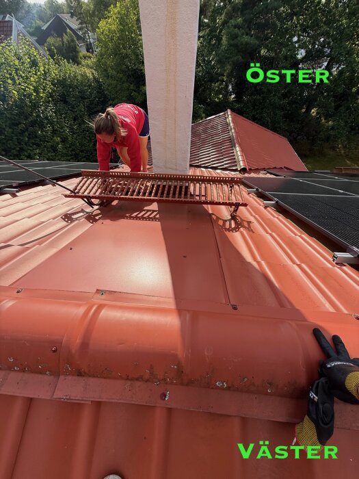 Röd plåttak nära murstock, solpaneler synliga. Person undersöker taket. Skyddslegerade handskar pekar på område med tecken på fukt eller läckage.