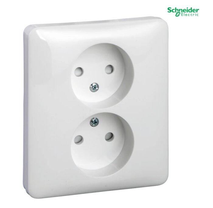 Dubbel eluttag från Schneider Electric, visar hål för jordbleck som indikerar ett jordat uttag.