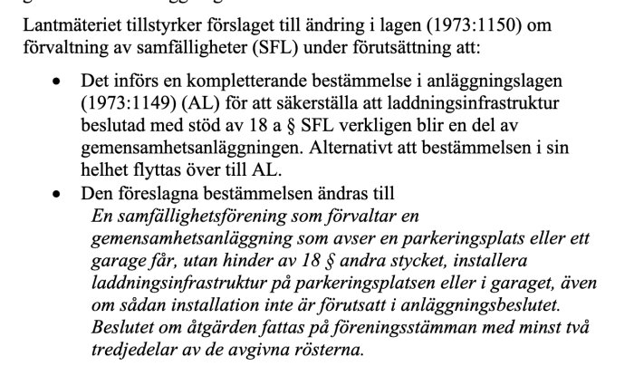 Textutdrag från Lantmäteriets remissvar om ändringar i lagar för elbilsladdning i samfälligheter.
