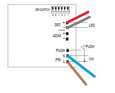 Schematisk bild av en kopplingslayout för en dimmer, visar anslutningar för SEC, ADIM, LED samt PUSH, PRI, N och L med färgkodade kablar.