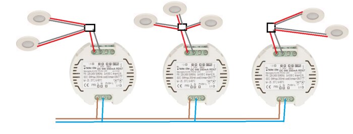 Kopplingsschema för tre LED-drivers anslutna till spotlights med kablar, markerade med färger för elnätet och spotarna.