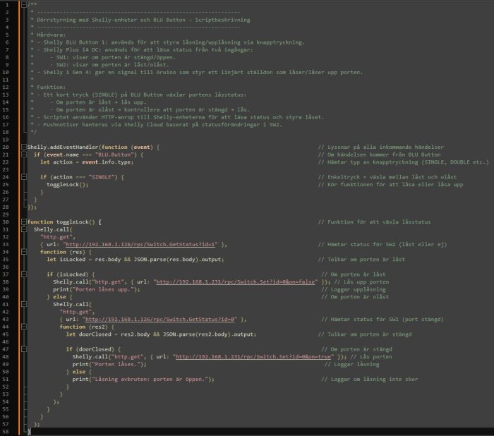 Kodexempel för Shelly-enheter och BLU-knapp med skript för att styra låsning och upplåsning genom knappttryckning.
