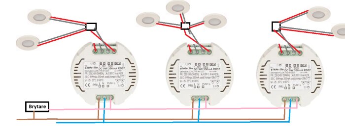 Elplan för inkoppling av tre LED-drivdon till taklampor via brytare, med kabelförbindelser markerade i olika färger.