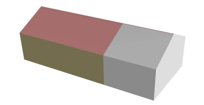 3D-modell av ett hus med en förlängd sektion i grått och tak i rött, visar koncept för husutbyggnad.
