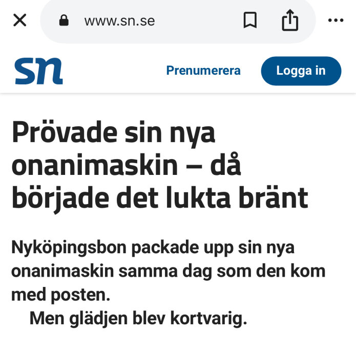Tidningsartikelrubrik om en ny onanimaskin som började lukta bränt.