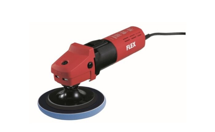Röd Flex polermaskin L1503VR med svart handtag och blå polerskiva.