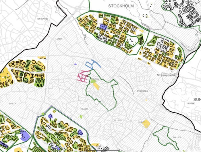 Karta över Stockholms områden med klassificeringar, färgade områden i ljusgrönt och gult i Spånga/Solhem, några markerade områden.