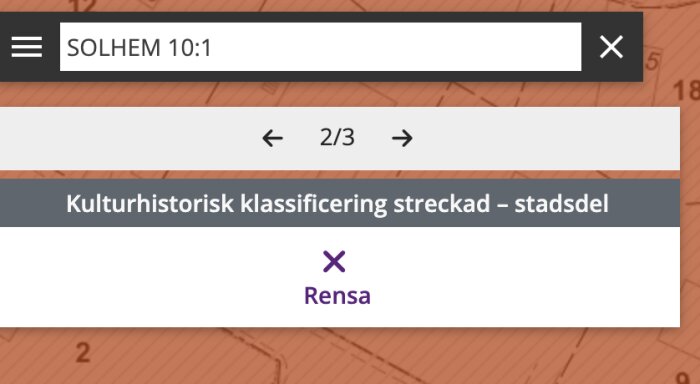 Karta över Solhem med text om kulturhistorisk klassificering och stadsel. Diagrammet verkar indikera bygglovsinformation för ett specifikt område.
