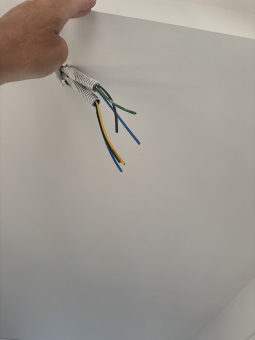 Elektriska kablar som hänger från ett vitt gipstak, med olika färger: gul, grön, blå och svart. En hand syns i bildens övre del.
