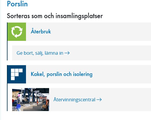Porslinssorteringsguide med alternativ för återbruk och kakel, porslin och isolering; inkluderar etiketter och en bild av en återvinningscentral.