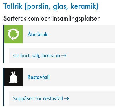 Tallrikssortering för porslin, glas och keramik med Återbruk och Restavfall som alternativ, med symboler för återvinning och soppåse.