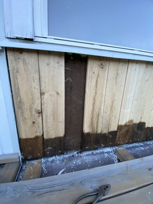 Träpanel under ett fönster med fuktfläckar på nederdelen och mögel på baksidan. Panelen är delvis borttagen och visar underliggande struktur.