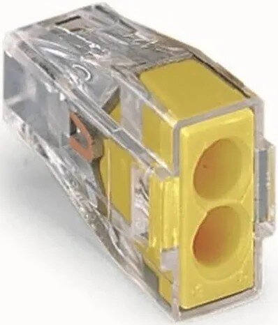 Wago 773-102 installationsplint, genomskinlig och gul med två anslutningshål för kopparledare.