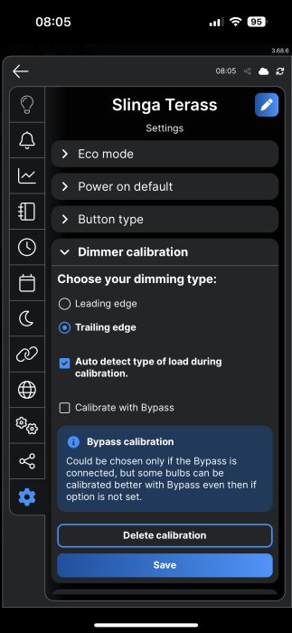 Inställningar för terrasslampa, val av dimningstyp mellan Leading edge och Trailing edge, med automatisk lastdetektering aktiverad.