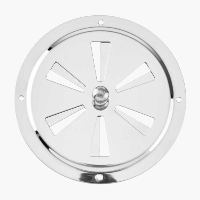 Rostfri rosettventil med fem fönsterliknande utskärningar och fyra monteringshål.