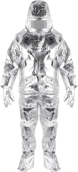 Reflekterande silverfärgad skyddsdräkt med visir och handskar, helkroppsdesign.
