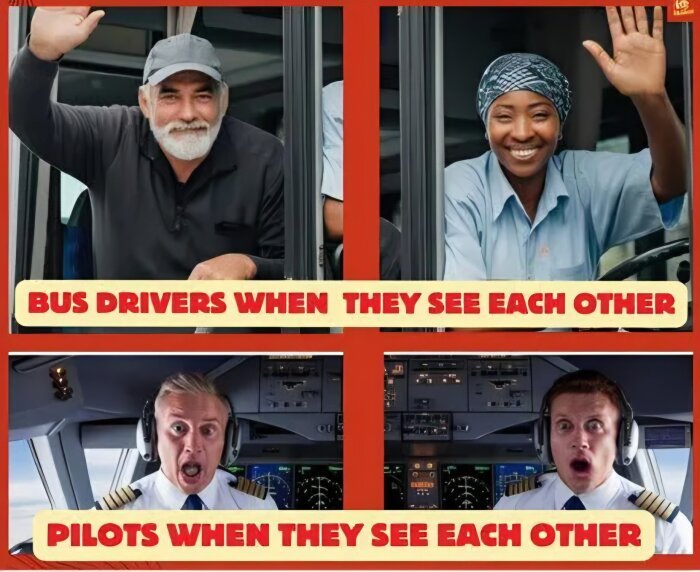 Bussförare vinkar glatt mot varandra, medan piloter ser chockade ut i cockpit. Texten jämför deras reaktioner när de ser varandra.
