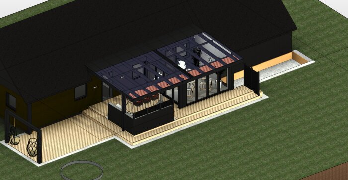 3D-rendering av hus med modern utbyggnad. Inglasad veranda och uterum med kanalplasttak med utsikt över en trädgård.