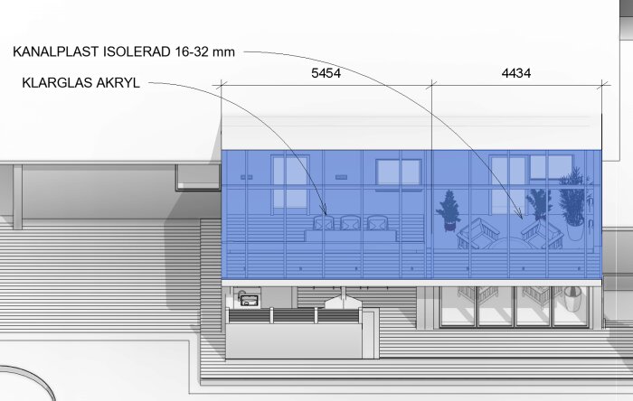 Ritning av ett byggprojekt med inglasad veranda, uterum, och utekök, visar planerade tak- och väggmaterial, inklusive kanalplast och klarglas akryl.