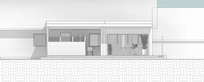 Illustration av en inglasad veranda och uterum med möbler och växter, i anslutning till ett hus med låg taklutning.