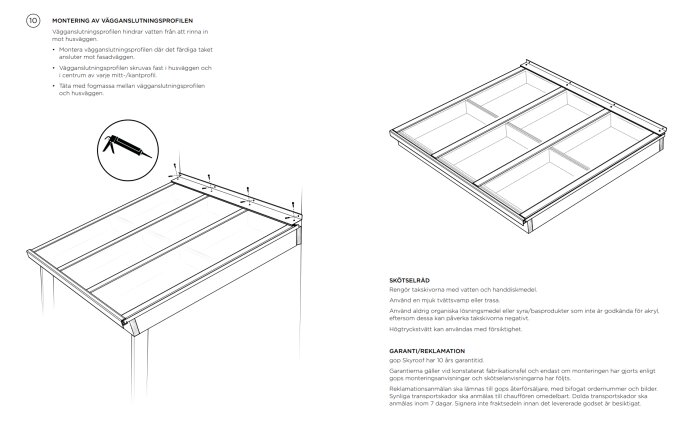Illustration av montering av vägganslutningsprofil för ett tak; skruvar säkrar profilen och fogmassa används för tätning mot vägg och tak.
