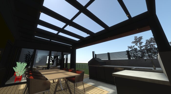 Visualisering av kombinerad inglasad veranda och utekök med tak i kanalplast, soligt utomhusområde med sittplatser och köksutrustning.