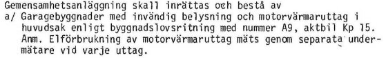 Textdokument om garageanläggning med motorvärmaruttag, belysning och mätare.