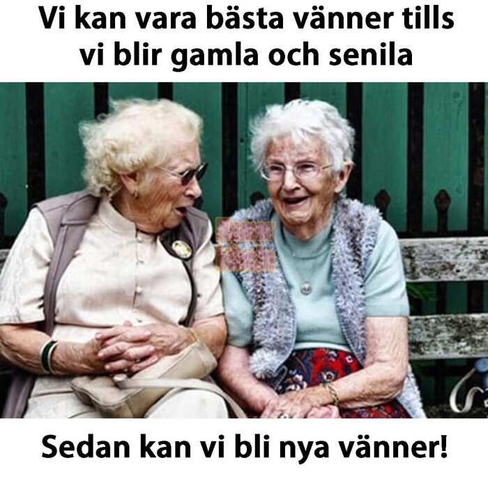 Två äldre damer sitter leende på en bänk och pratar, med en rolig text om vänskap ovan och under bilden.