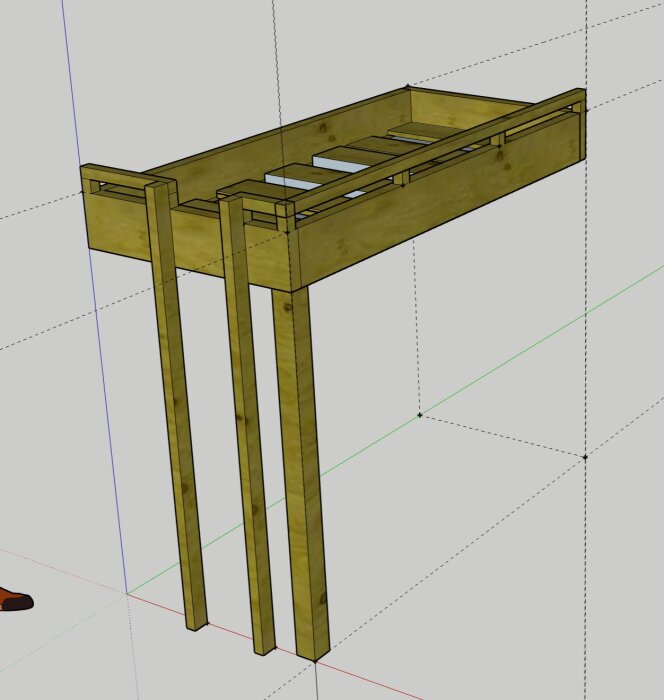 3D-modell av en stabil högsäng med två hörnstolpar och ribbor på långsidan, ritad i SketchUp, byggd för att klara tung belastning.