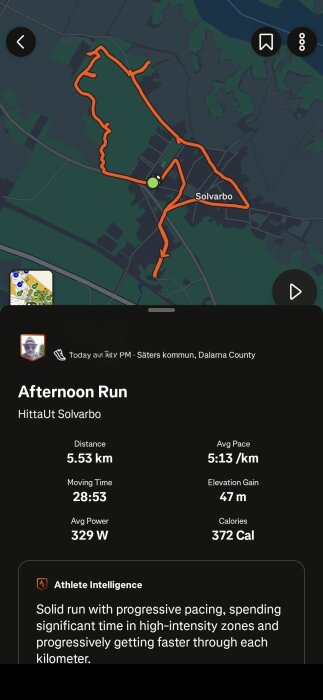 Karta av en löprunda kring Solvarbo, 5,53 km lång, med statistik: tid 28:53, snitthastighet 5:13/km, stigning 47 m, kaloriåtgång 372.