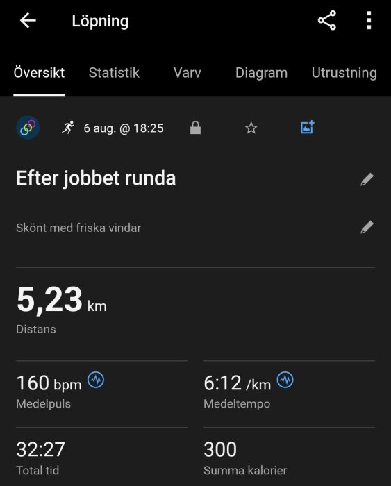 Löpningsstatistik visar 5,23 km distans, 160 bpm medelpuls, 6:12/km medeltempo, 32:27 total tid och 300 kalorier brända.