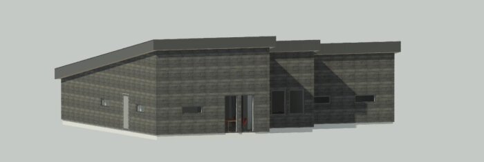 3D-rendering av en modern byggnad med pulpettak, liggande träpanel och flera fönster på söderfasaden.