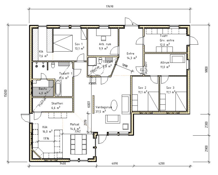 Planlösning över ett hus med kök, matsal, vardagsrum, tre sovrum, arbetsrum, allrum, två toaletter, bastu, tvättstuga och diverse förråd.