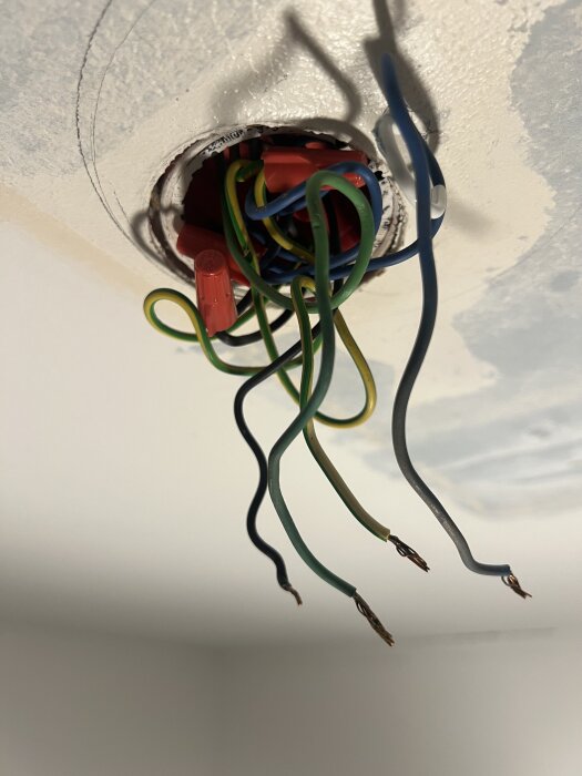 Kablar från taket i badrummet, inklusive neutral, jord, grön och svart kabel, förbereds för koppling med Wago-kontakter.