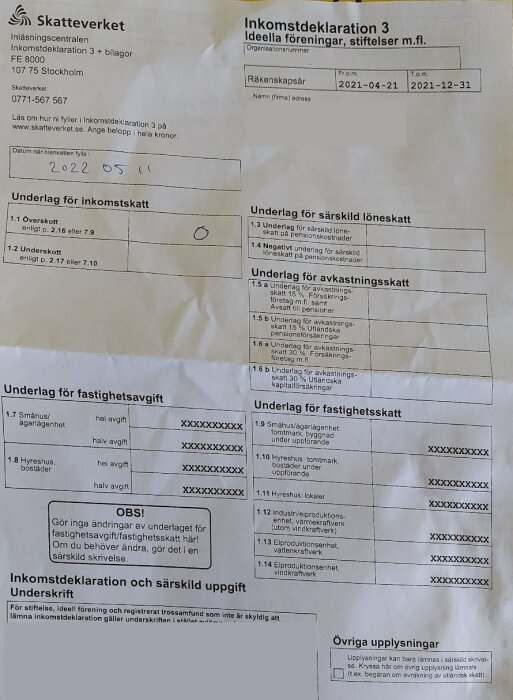 Inkomstdeklaration 3 för ideella föreningar från Skatteverket, med ifyllt datum och intäkter markerade som 0.