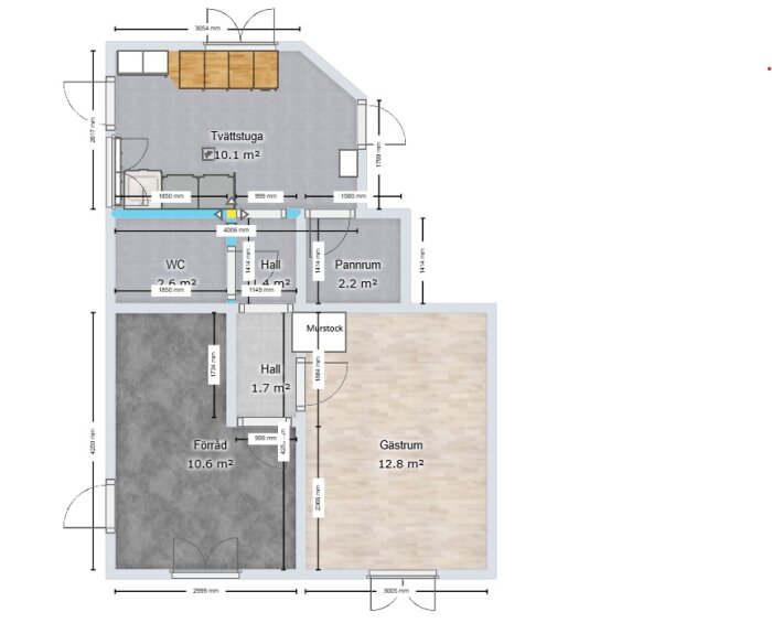 Planlösning över ombyggnad av garage/förråd till gästrum och förråd. Gästrum: 12,8 m², förråd: 10,6 m², hall, WC, pannrum och tvättstuga visas.