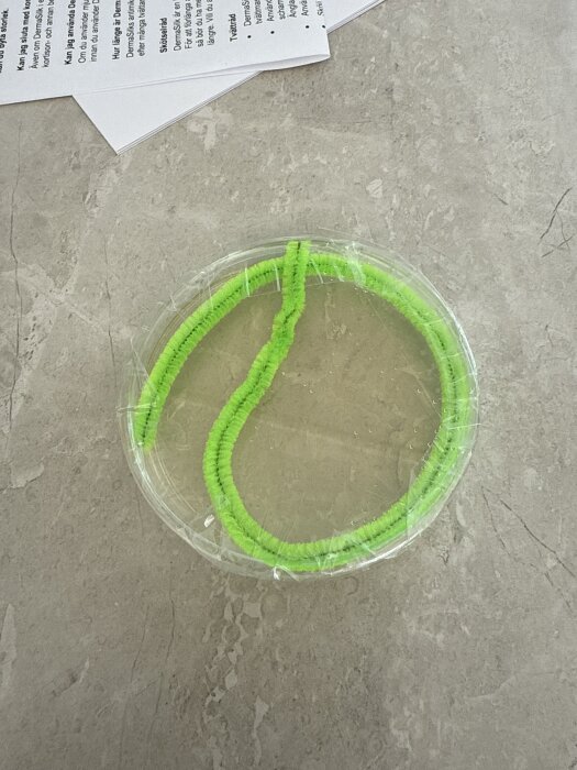 Grön piprensare i en mögeltestkopp på ett bord.