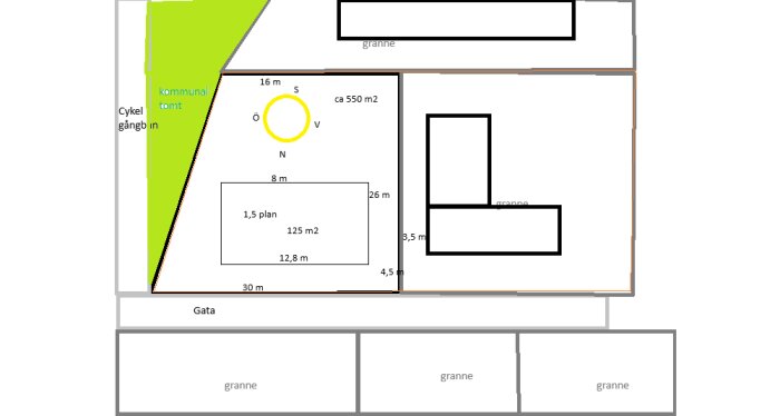 Skiss över tomt i Göteborg; markerat område visar planerat hus, 1,5 plan, 125 m², med avstånd till gränser, omgivning och grannar.