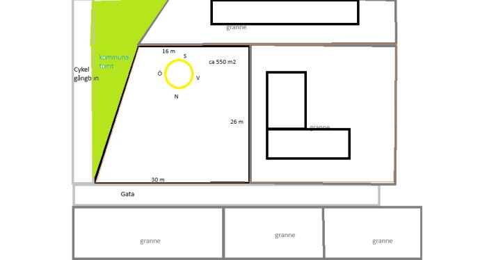 Skiss av tomt i Göteborg som planeras att styckas av. Markerad yta, omgivande grannar, servitutgata och kommunal tomt visas.