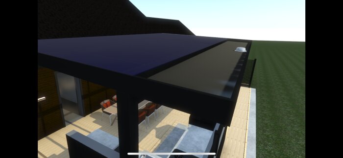 Modernt uterum med tak av akrylskivor, delvis öppet för att kombinera dolda hängrännor och naturligt vattenfall.