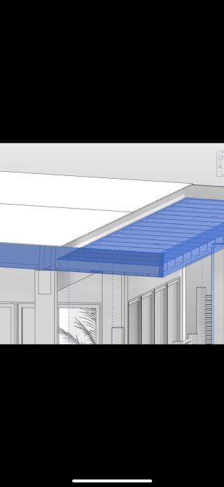 Datorsimulering av taklösning med akrylskivor och dold hängränna för vattenavrinning. Skivor täcker inte hela takytan.
