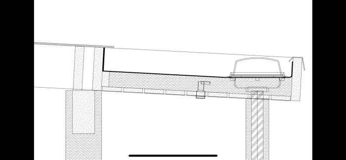Ritning av takkonstruktion med akrylskivor och dold hängränna, visar idé för naturligt vattenskydd trots taklängd på maximalt 4,5 meter.